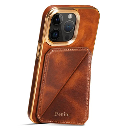 DENIOR For iPhone 14 Pro Case Waxy Genuine Cow Leather+TPU+PC Back Protector Cover