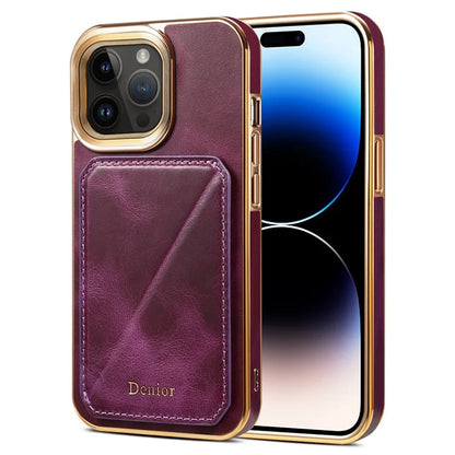 DENIOR For iPhone 14 Pro Case Waxy Genuine Cow Leather+TPU+PC Back Protector Cover