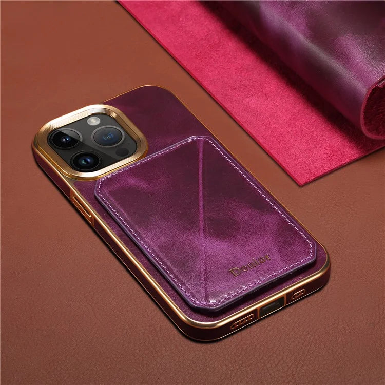 DENIOR For iPhone 14 Pro Case Waxy Genuine Cow Leather+TPU+PC Back Protector Cover