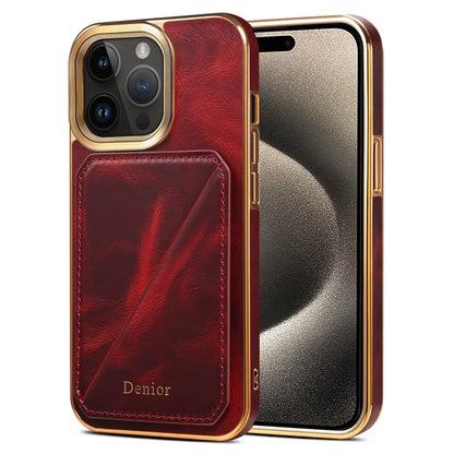 DENIOR For iPhone 15 Pro Case Drop-proof Waxy Genuine Cow Leather+TPU+PC Cover