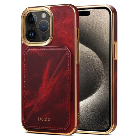 DENIOR For iPhone 15 Pro Case Drop-proof Waxy Genuine Cow Leather+TPU+PC Cover