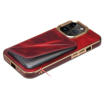DENIOR For iPhone 15 Pro Case Drop-proof Waxy Genuine Cow Leather+TPU+PC Cover