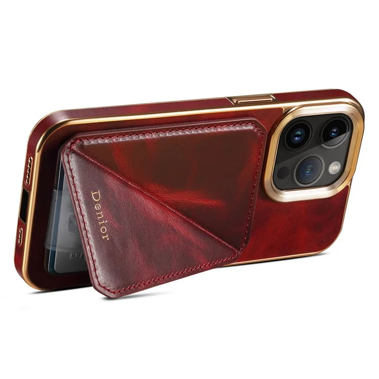 DENIOR For iPhone 15 Pro Case Drop-proof Waxy Genuine Cow Leather+TPU+PC Cover
