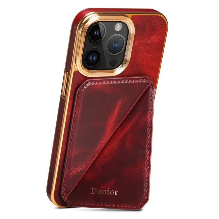 DENIOR For iPhone 15 Pro Case Drop-proof Waxy Genuine Cow Leather+TPU+PC Cover