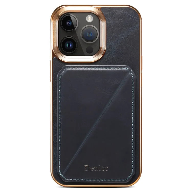 DENIOR For iPhone 15 Pro Case Drop-proof Waxy Genuine Cow Leather+TPU+PC Cover