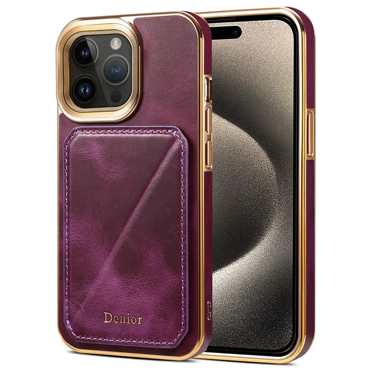 DENIOR For iPhone 15 Pro Case Drop-proof Waxy Genuine Cow Leather+TPU+PC Cover