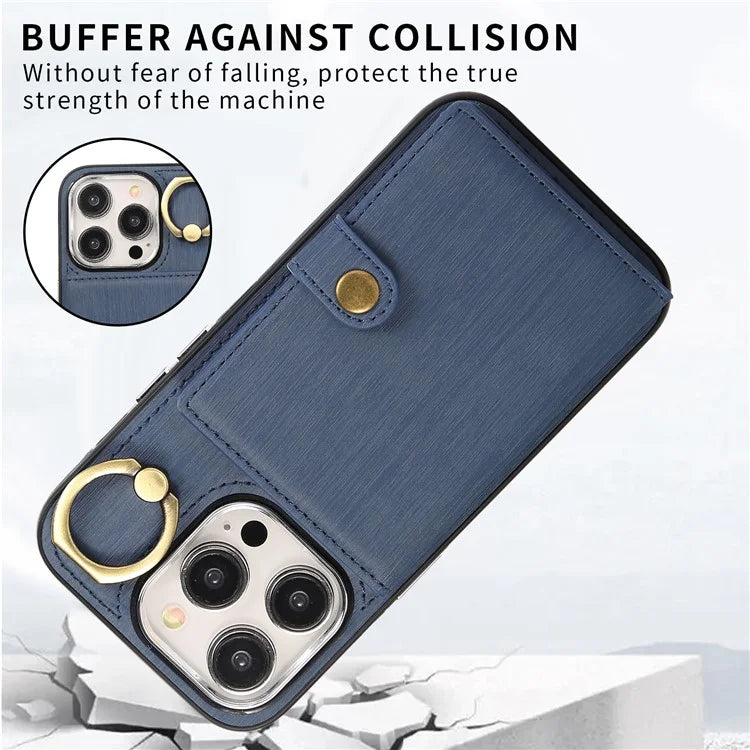 For iPhone 14 Pro Case Ring Kickstand Wallet Brushed PU Leather+TPU Phone Cover