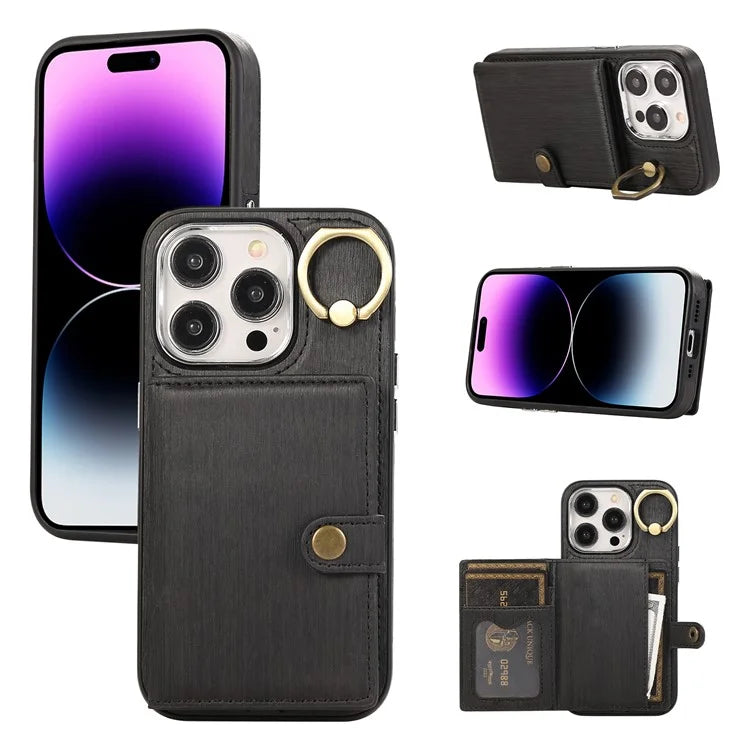 For iPhone 14 Pro Case Ring Kickstand Wallet Brushed PU Leather+TPU Phone Cover