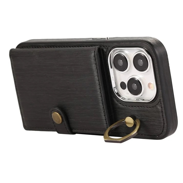 For iPhone 14 Pro Case Ring Kickstand Wallet Brushed PU Leather+TPU Phone Cover