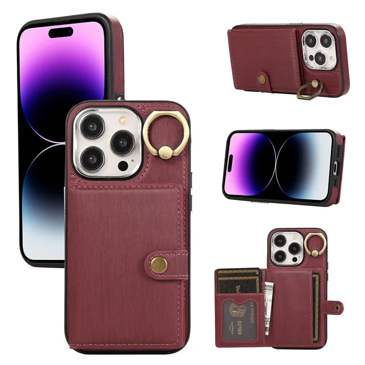 For iPhone 14 Pro Case Ring Kickstand Wallet Brushed PU Leather+TPU Phone Cover
