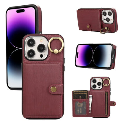 For iPhone 14 Pro Case Ring Kickstand Wallet Brushed PU Leather+TPU Phone Cover