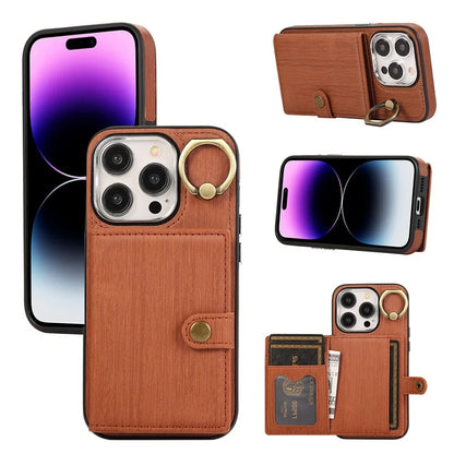 For iPhone 14 Pro Case Ring Kickstand Wallet Brushed PU Leather+TPU Phone Cover
