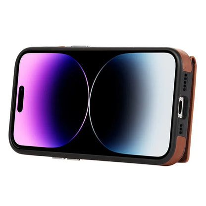 For iPhone 14 Pro Case Ring Kickstand Wallet Brushed PU Leather+TPU Phone Cover