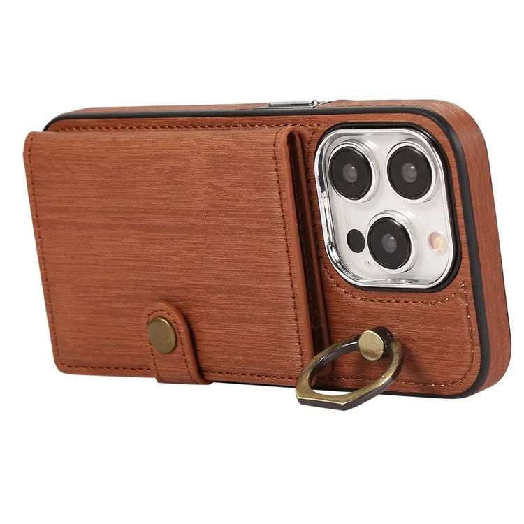 For iPhone 14 Pro Case Ring Kickstand Wallet Brushed PU Leather+TPU Phone Cover