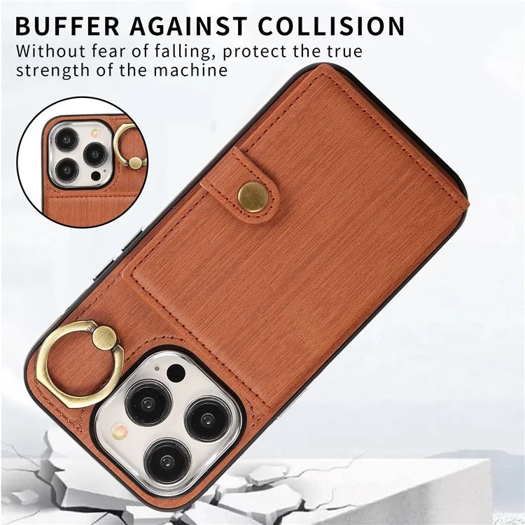 For iPhone 14 Pro Case Ring Kickstand Wallet Brushed PU Leather+TPU Phone Cover