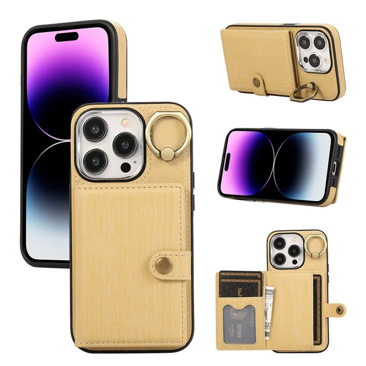 For iPhone 14 Pro Case Ring Kickstand Wallet Brushed PU Leather+TPU Phone Cover