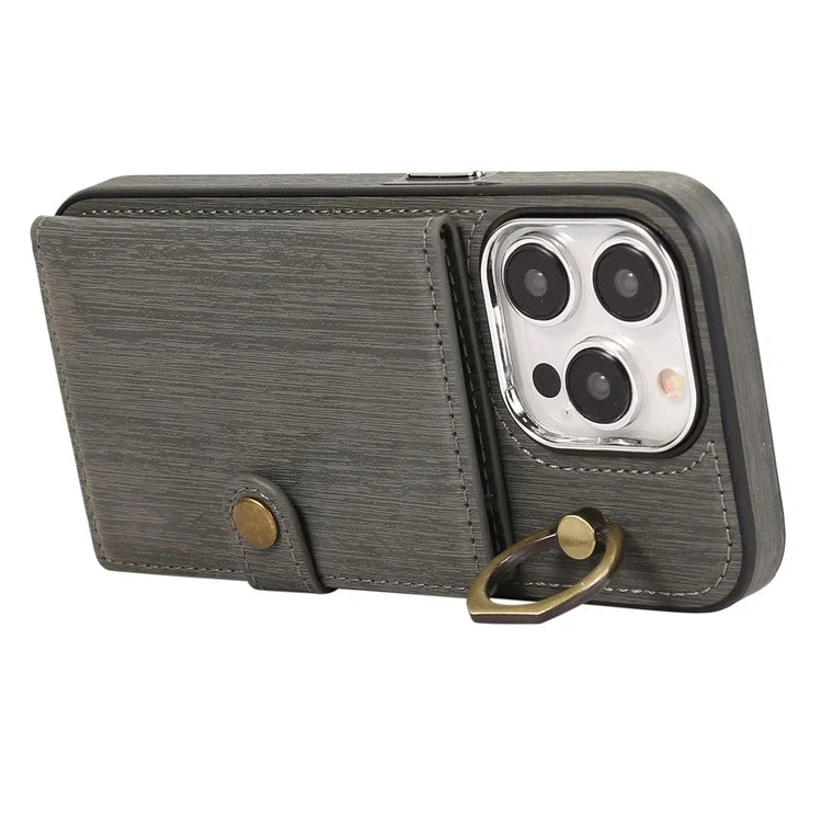 For iPhone 14 Pro Case Ring Kickstand Wallet Brushed PU Leather+TPU Phone Cover