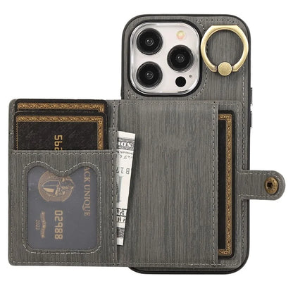 For iPhone 14 Pro Case Ring Kickstand Wallet Brushed PU Leather+TPU Phone Cover