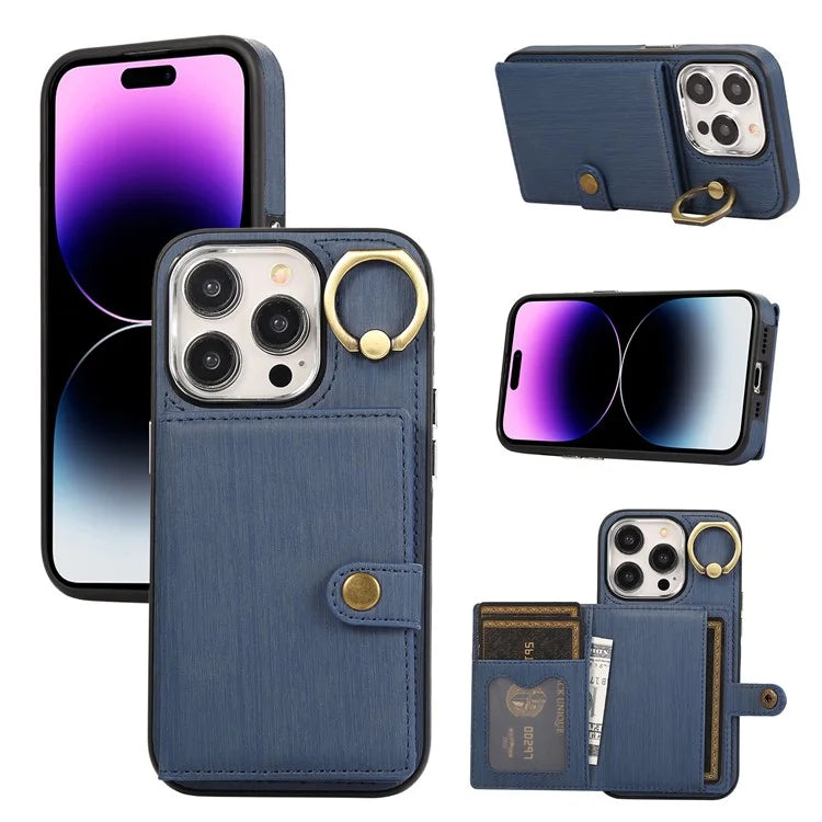 For iPhone 14 Pro Max Case Ring Kickstand Brushed PU Leather+TPU Anti-drop Phone Cover