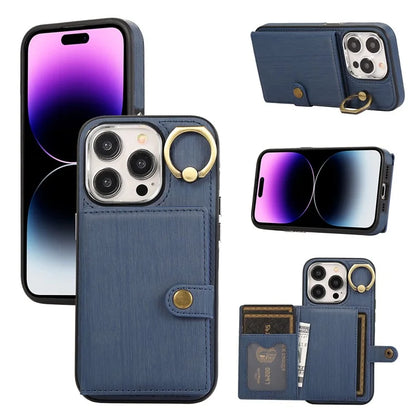 For iPhone 14 Pro Max Case Ring Kickstand Brushed PU Leather+TPU Anti-drop Phone Cover