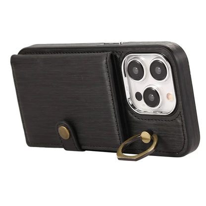 For iPhone 14 Pro Max Case Ring Kickstand Brushed PU Leather+TPU Anti-drop Phone Cover