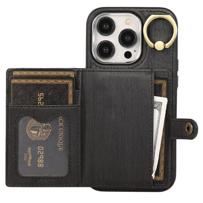 For iPhone 14 Pro Max Case Ring Kickstand Brushed PU Leather+TPU Anti-drop Phone Cover