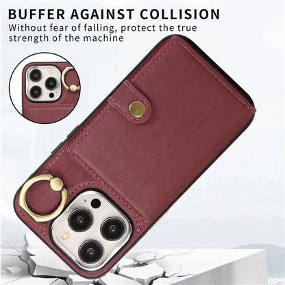 For iPhone 14 Pro Max Case Ring Kickstand Brushed PU Leather+TPU Anti-drop Phone Cover