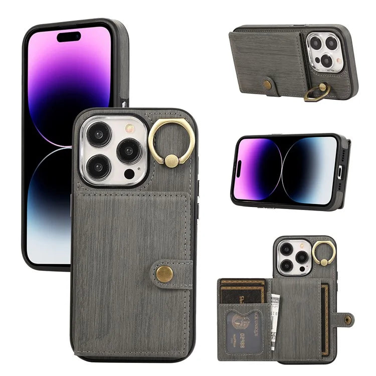 For iPhone 14 Pro Max Case Ring Kickstand Brushed PU Leather+TPU Anti-drop Phone Cover