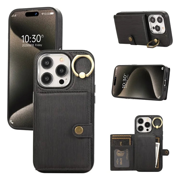 For iPhone 15 Pro Case Brushed PU Leather+TPU Phone Cover with Ring Kickstand