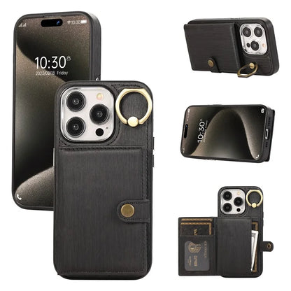 For iPhone 15 Pro Case Brushed PU Leather+TPU Phone Cover with Ring Kickstand