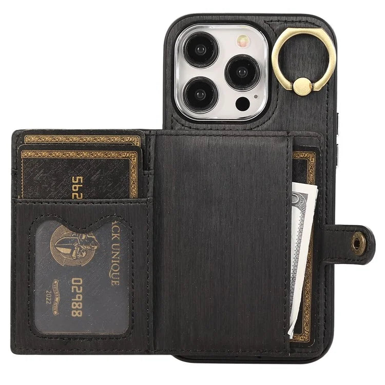 For iPhone 15 Pro Case Brushed PU Leather+TPU Phone Cover with Ring Kickstand