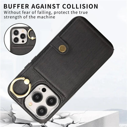 For iPhone 15 Pro Case Brushed PU Leather+TPU Phone Cover with Ring Kickstand