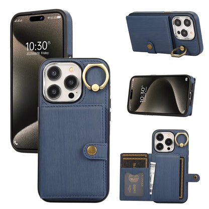 For iPhone 15 Pro Case Brushed PU Leather+TPU Phone Cover with Ring Kickstand