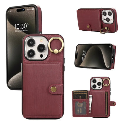 For iPhone 15 Pro Case Brushed PU Leather+TPU Phone Cover with Ring Kickstand