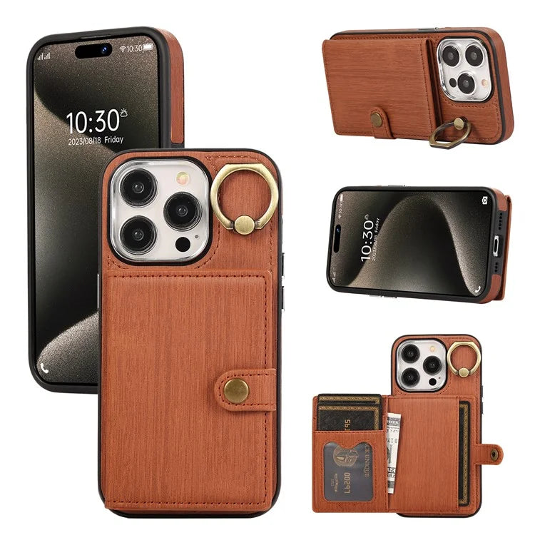 For iPhone 15 Pro Case Brushed PU Leather+TPU Phone Cover with Ring Kickstand