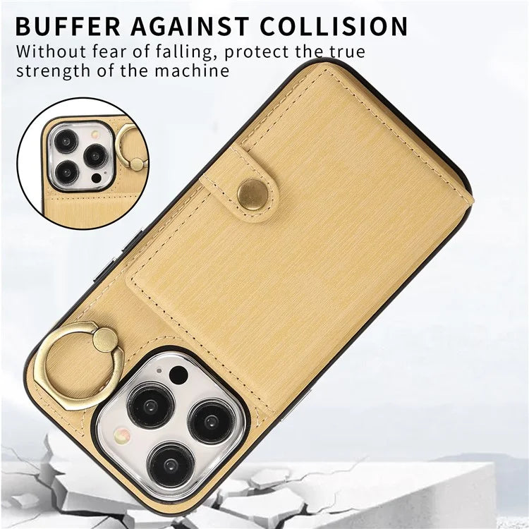 For iPhone 15 Pro Case Brushed PU Leather+TPU Phone Cover with Ring Kickstand