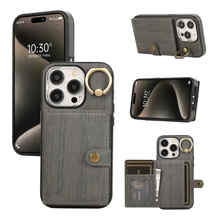 For iPhone 15 Pro Case Brushed PU Leather+TPU Phone Cover with Ring Kickstand