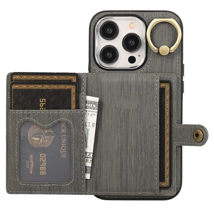 For iPhone 15 Pro Case Brushed PU Leather+TPU Phone Cover with Ring Kickstand
