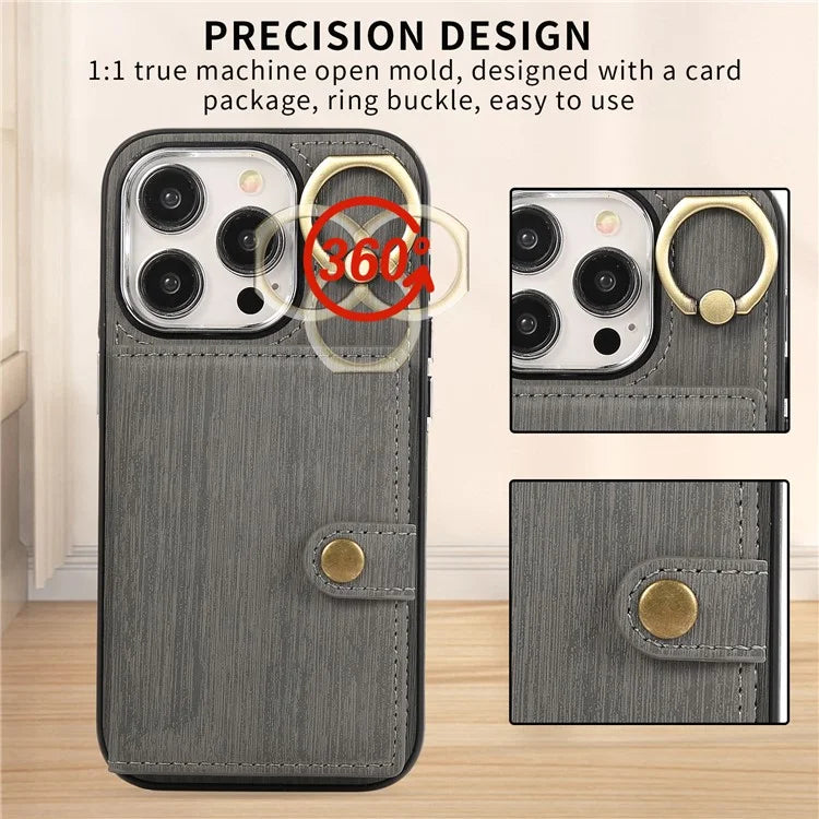 For iPhone 15 Pro Case Brushed PU Leather+TPU Phone Cover with Ring Kickstand