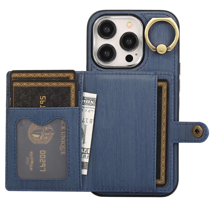 For iPhone 15 Pro Max Case Brushed PU Leather+TPU Cell Phone Wallet Cover