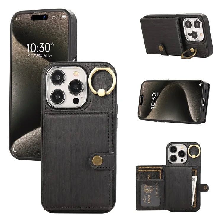 For iPhone 15 Pro Max Case Brushed PU Leather+TPU Cell Phone Wallet Cover
