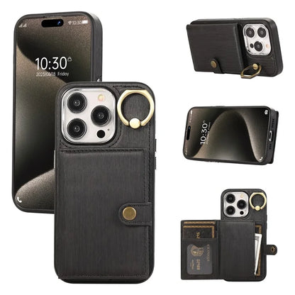 For iPhone 15 Pro Max Case Brushed PU Leather+TPU Cell Phone Wallet Cover