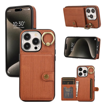 For iPhone 15 Pro Max Case Brushed PU Leather+TPU Cell Phone Wallet Cover
