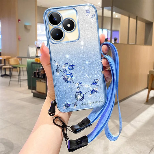 KADEM For Realme C53 (Global) / C53 (India) / C51 / Narzo N53 4G Case Rhinestone Flower TPU Shell with Strap
