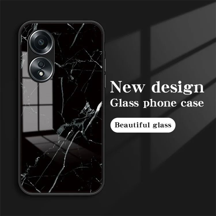 For Oppo A58 4G Case Tempered Glass+PC+TPU Marble Pattern Phone Protective Cover