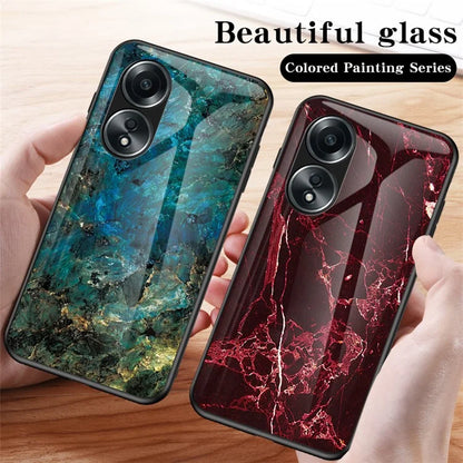 For Oppo A58 4G Case Tempered Glass+PC+TPU Marble Pattern Phone Protective Cover