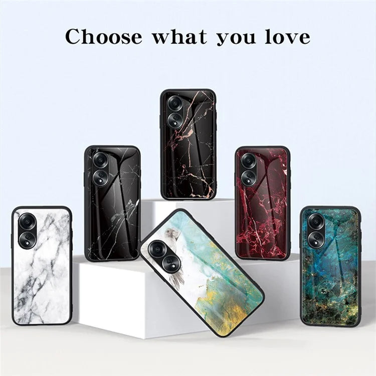 For Oppo A58 4G Case Tempered Glass+PC+TPU Marble Pattern Phone Protective Cover