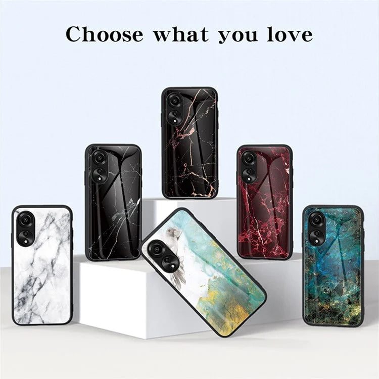 For Oppo A78 4G Cover Marble Design Tempered Glass+PC+TPU Anti-scratch Phone Case