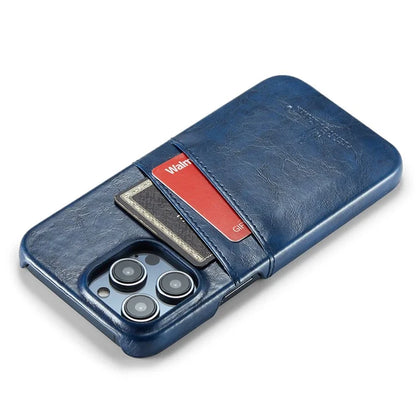 FIERRE SHANN For iPhone 15 Pro Case Waxy PU Leather+PC Card Holder Phone Cover