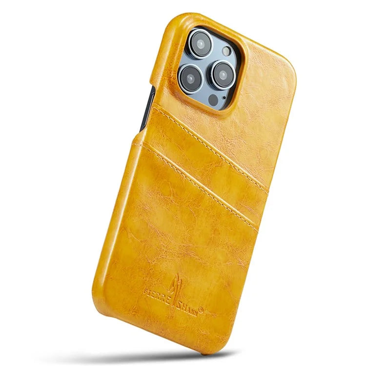 FIERRE SHANN For iPhone 15 Pro Case Waxy PU Leather+PC Card Holder Phone Cover